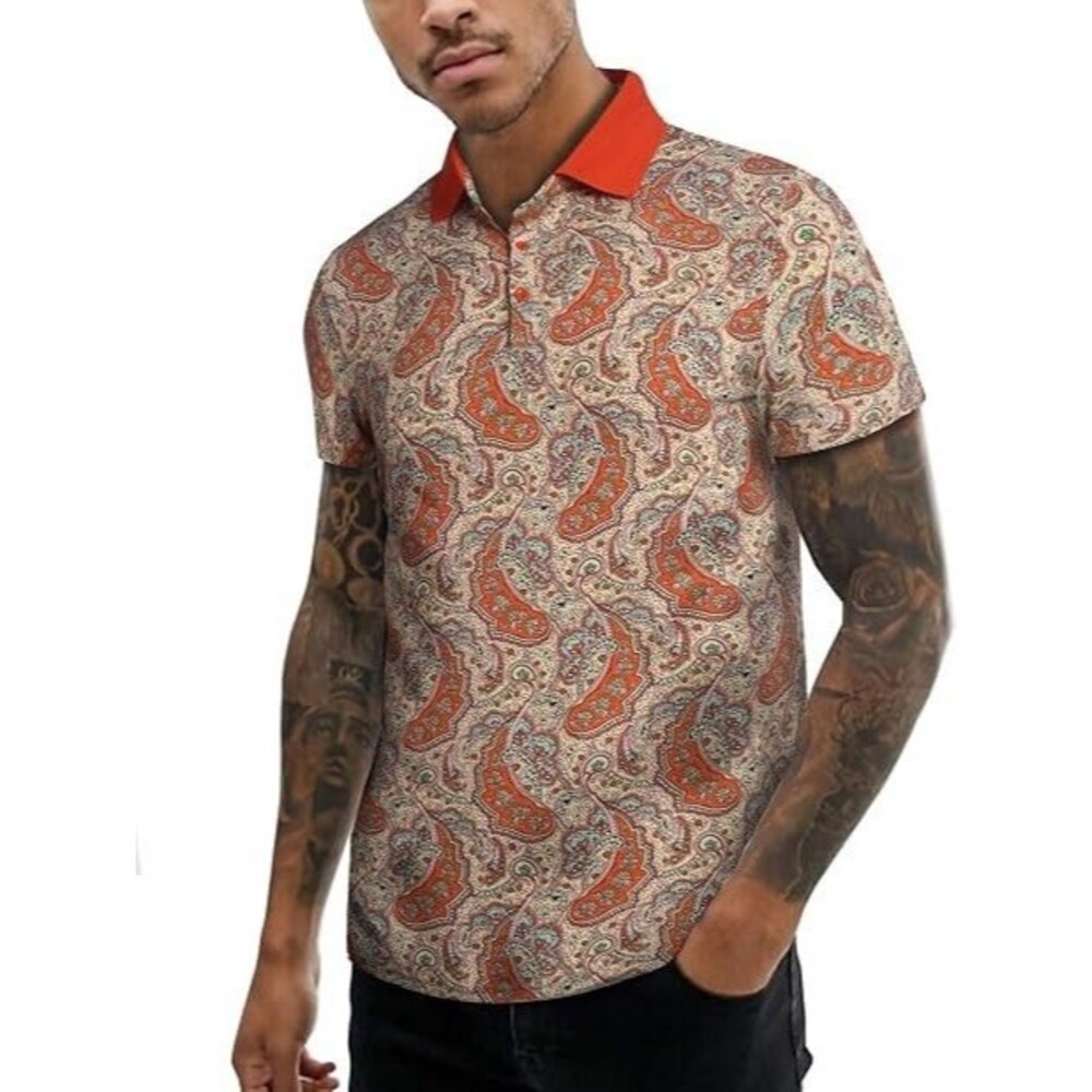 URRU Men's Orange Paisley   Short Sleeve Polo New with Tags Size Large